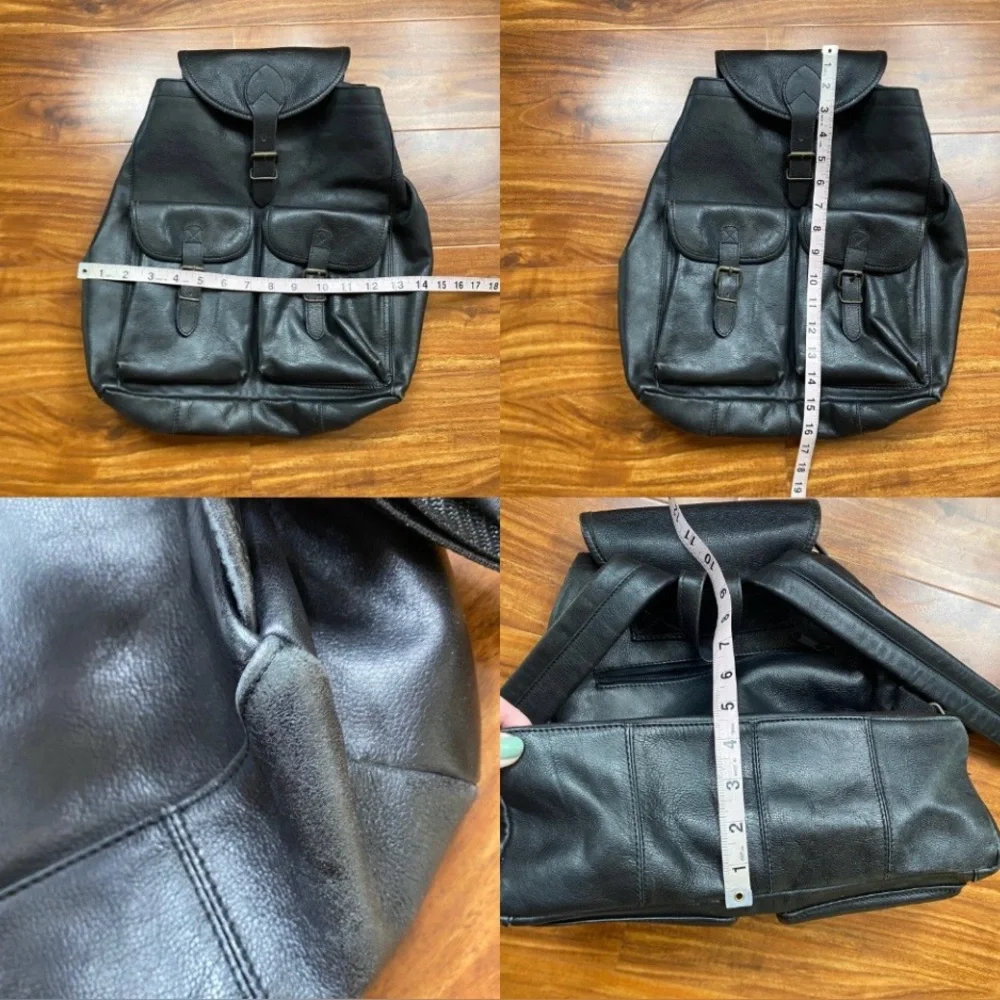 Vintage Women's Y2K Black Leather Multi Pocket Buckle Backpack Purse Streetwear